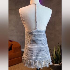 Gray Crochet Halter Top with Fringe